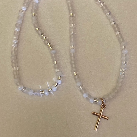 Jewelry - Handmade Choker Style Beaded Necklace With Gold Cross Charm